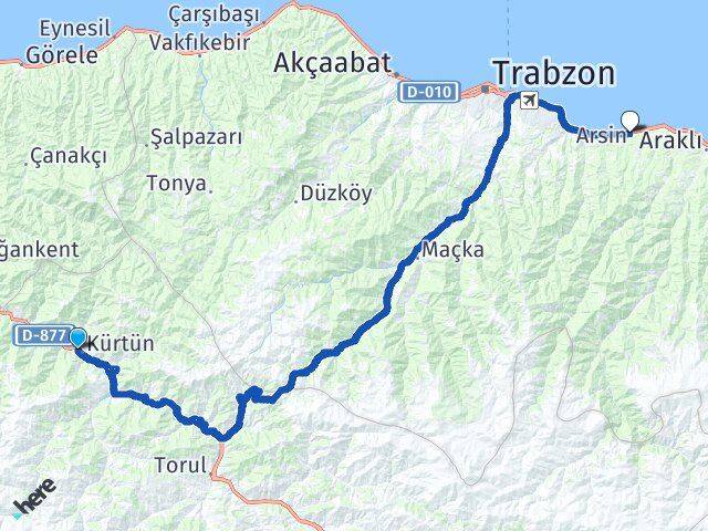 Gümüşhane Kürtün Arsin Trabzon Arası Kaç Km - Yol Haritası