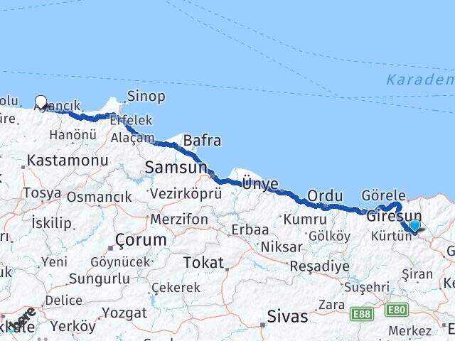 Gümüşhane Kürtün Bozkurt Kastamonu Arası Kaç Km - Yol Haritası