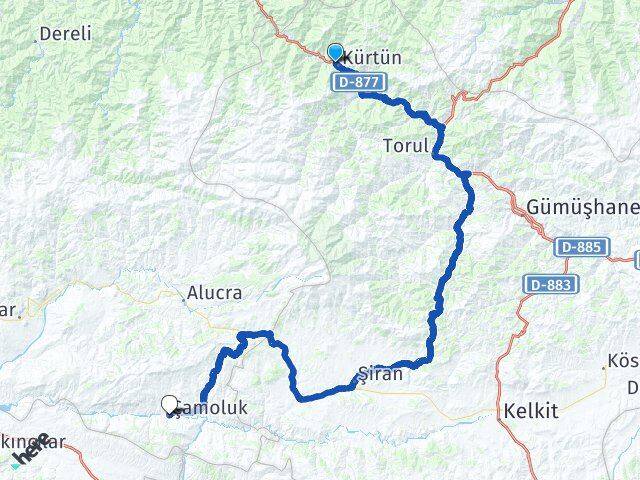 Gümüşhane Kürtün Çamoluk Giresun Arası Kaç Km - Yol Haritası