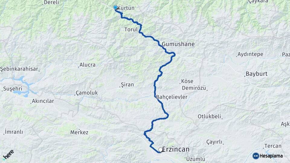 Gümüşhane Kürtün Erzincan Arası Kaç Km - Yol Haritası