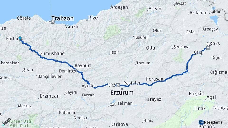 Gümüşhane Kürtün Kars Arası Kaç Km - Yol Haritası