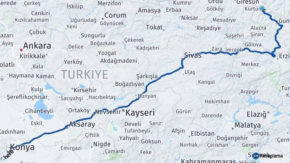 Gümüşhane Kürtün Konya Arası Kaç Km - Yol Haritası