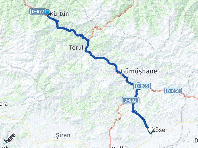 Gümüşhane Kürtün Köse Arası Kaç Km - Yol Haritası