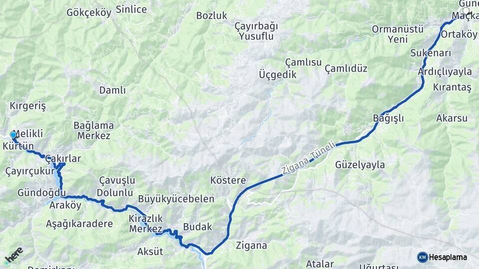 Gümüşhane Kürtün Maçka Trabzon Arası Kaç Km - Yol Haritası