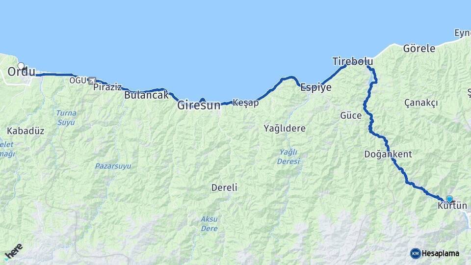 Gümüşhane Kürtün Ordu Arası Kaç Km - Yol Haritası