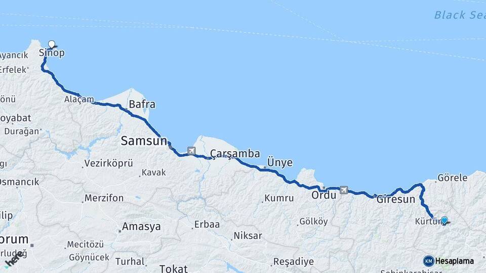 Gümüşhane Kürtün Sinop Arası Kaç Km - Yol Haritası