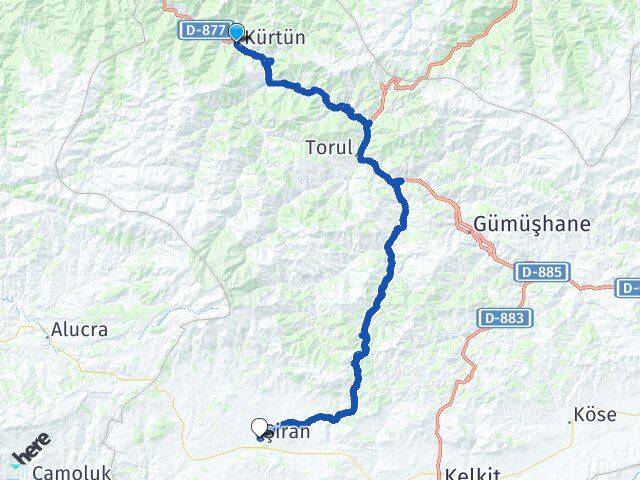 Gümüşhane Kürtün Şiran Arası Kaç Km - Yol Haritası