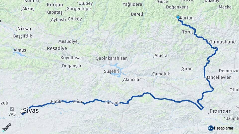 Gümüşhane Kürtün Sivas Arası Kaç Km - Yol Haritası