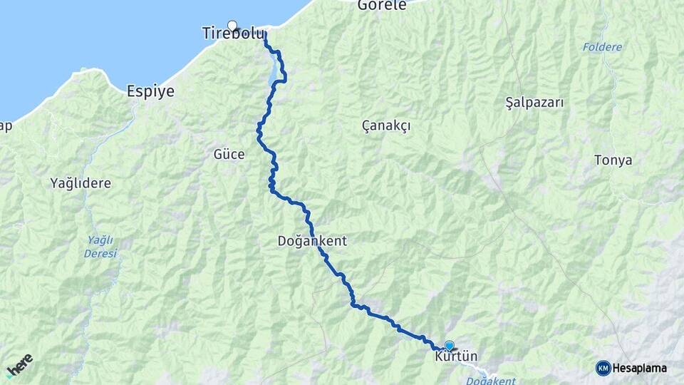 Gümüşhane Kürtün Tirebolu Giresun Arası Kaç Km - Yol Haritası