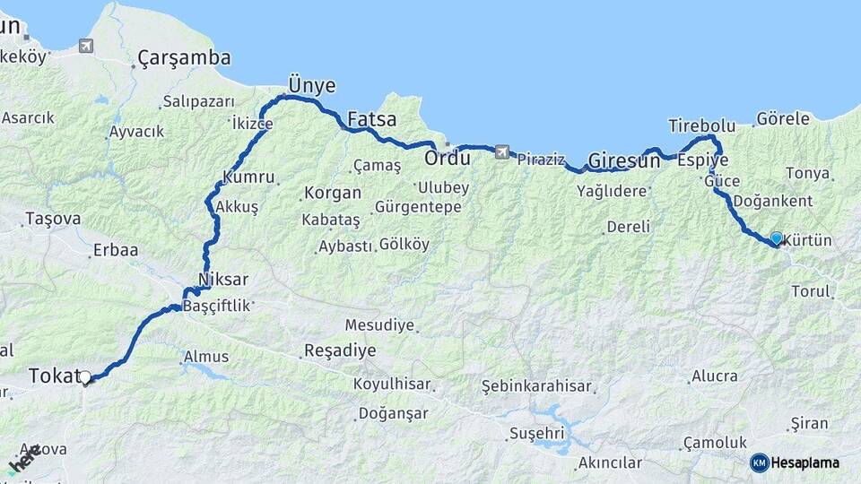 Gümüşhane Kürtün Tokat Arası Kaç Km - Yol Haritası
