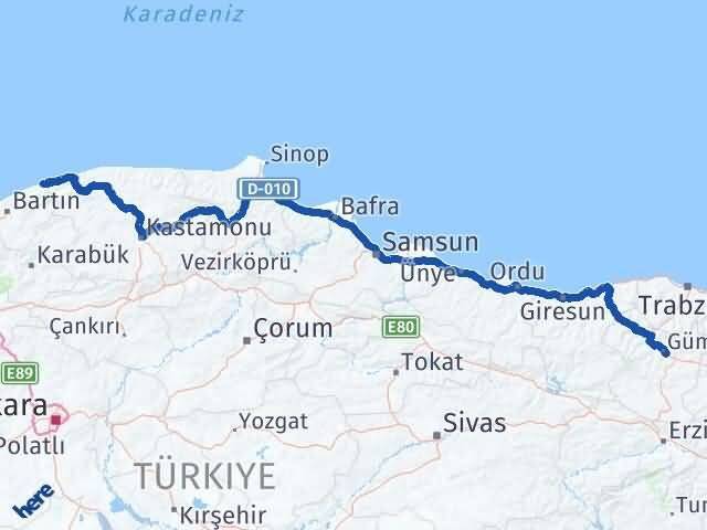 Gümüşhane Kurucaşile Bartın Arası Kaç Km - Yol Haritası