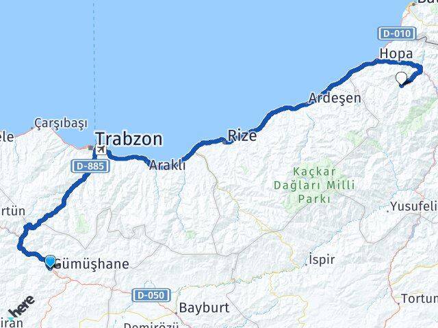 Gümüşhane Murgul Artvin Arası Kaç Km - Yol Haritası