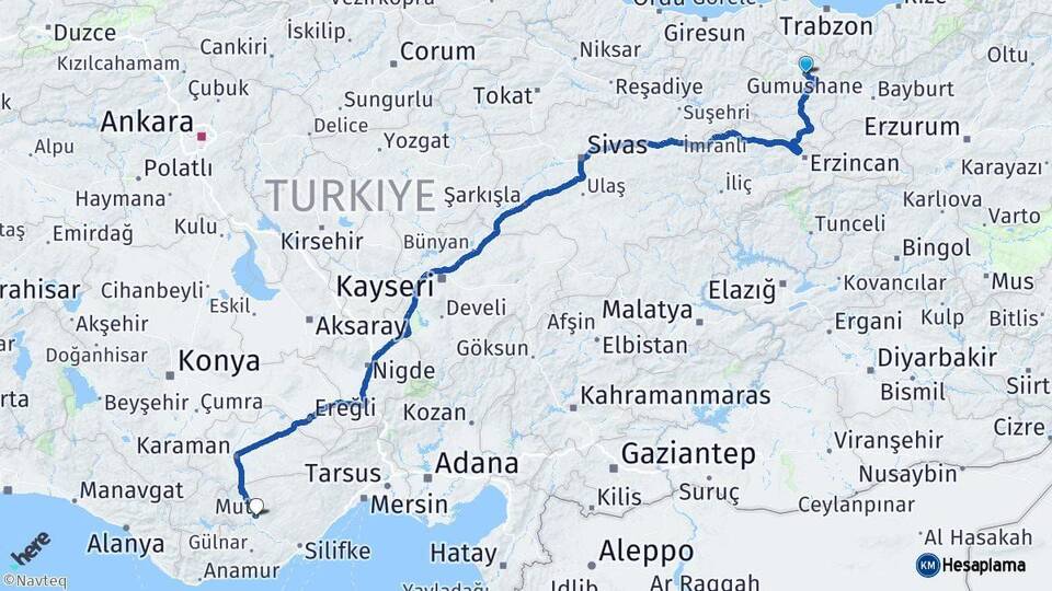 Gümüşhane Mut Mersin Arası Kaç Km - Yol Haritası
