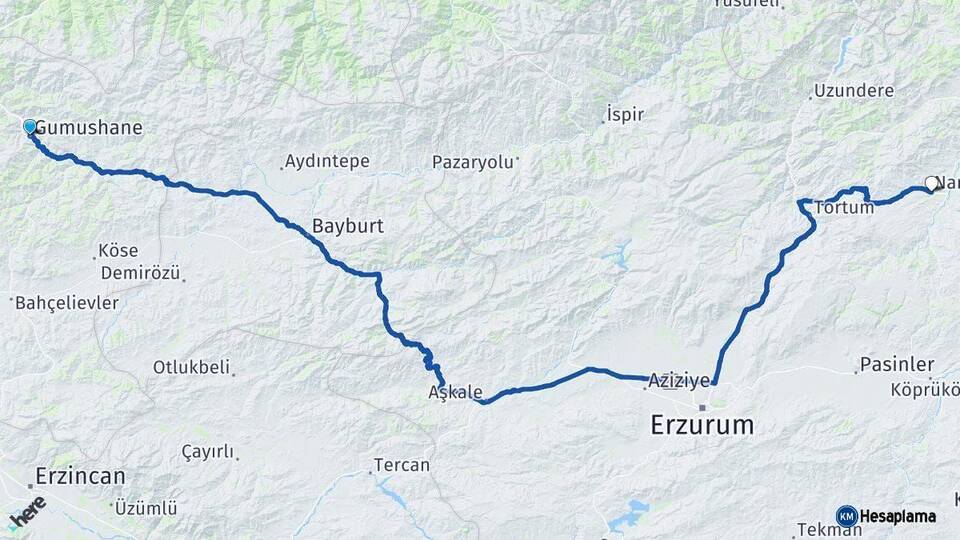 Gümüşhane Narman Erzurum Arası Kaç Km - Yol Haritası