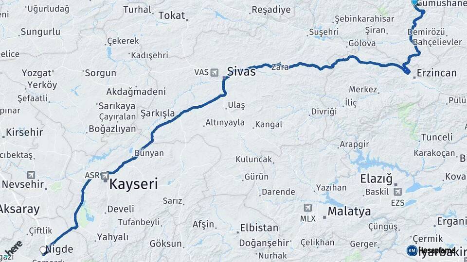 Gümüşhane Niğde Arası Kaç Km - Yol Haritası