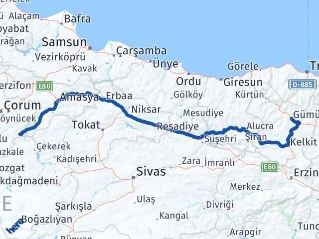 Gümüşhane Ortaköy Çorum Arası Kaç Km - Yol Haritası