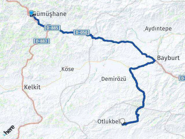 Gümüşhane Otlukbeli Erzincan Arası Kaç Km - Yol Haritası