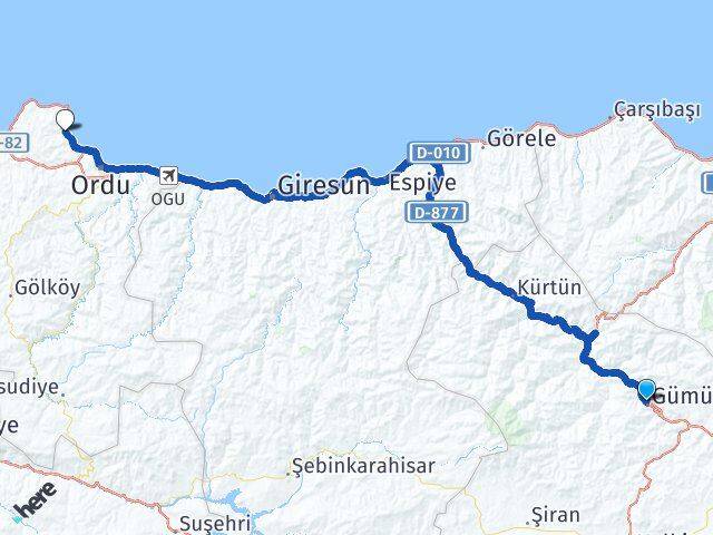 Gümüşhane Perşembe Ordu Arası Kaç Km - Yol Haritası