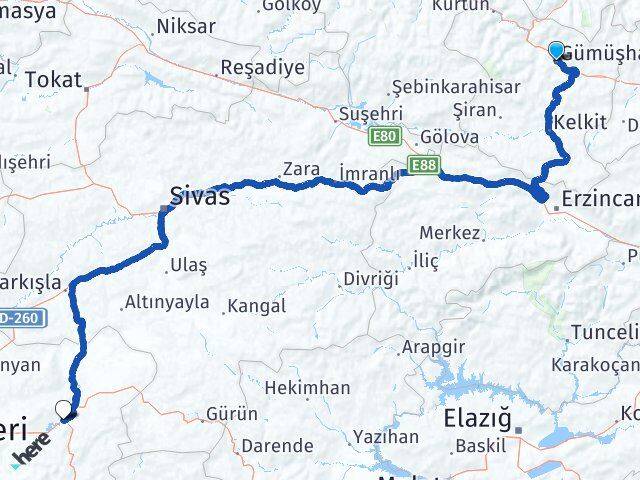 Gümüşhane Pınarbaşı Kayseri Arası Kaç Km - Yol Haritası