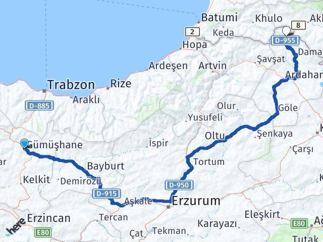 Gümüşhane Posof Ardahan Arası Kaç Km - Yol Haritası