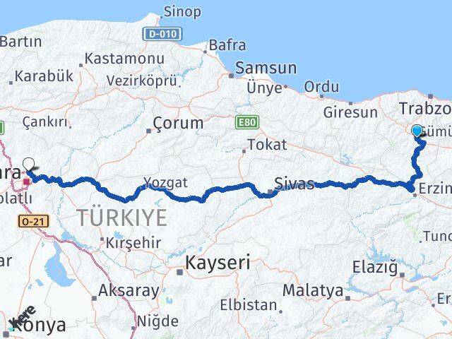 Gümüşhane Pursaklar Ankara Arası Kaç Km - Yol Haritası