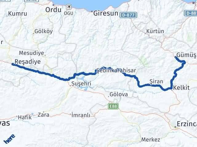 Gümüşhane Reşadiye Tokat Arası Kaç Km - Yol Haritası