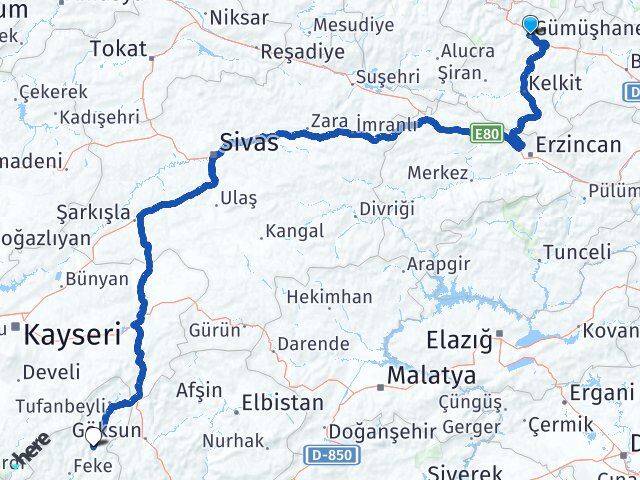 Gümüşhane Saimbeyli Adana Arası Kaç Km - Yol Haritası