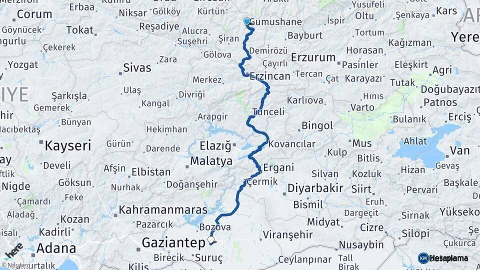 Gümüşhane Şanlıurfa Arası Kaç Km - Yol Haritası