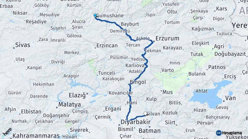 Gümüşhane Silvan Diyarbakır Arası Kaç Km - Yol Haritası