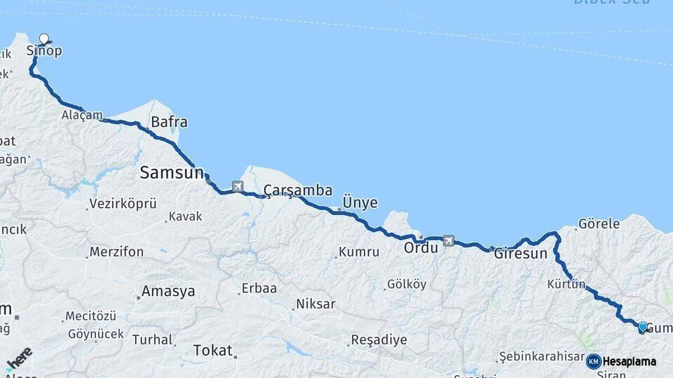 Gümüşhane Sinop Arası Kaç Km - Yol Haritası