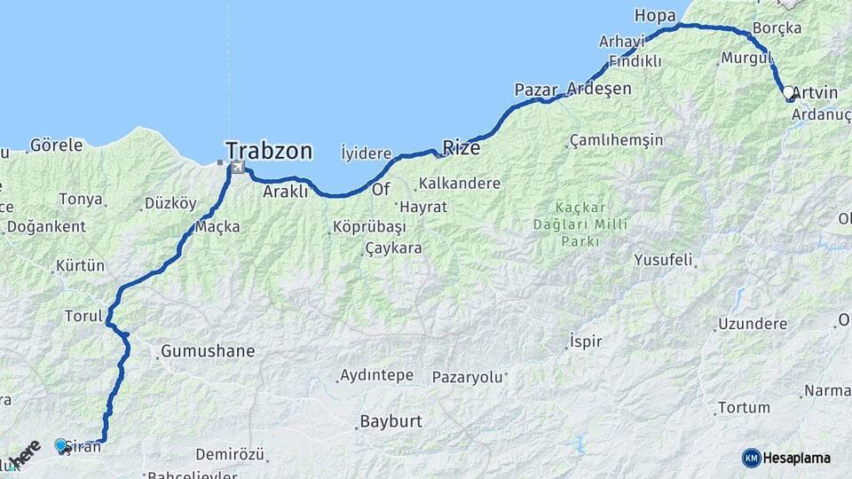 Gümüşhane Şiran Artvin Arası Kaç Km - Yol Haritası