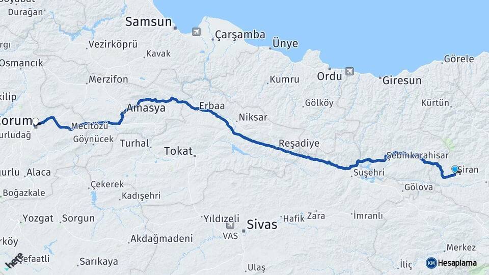 Gümüşhane Şiran Çorum Arası Kaç Km - Yol Haritası