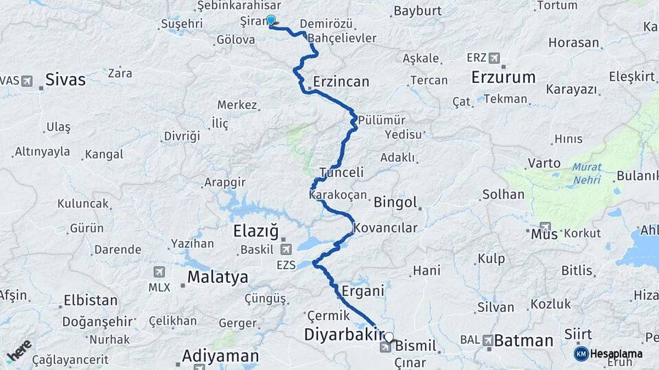 Gümüşhane Şiran Diyarbakır Arası Kaç Km - Yol Haritası