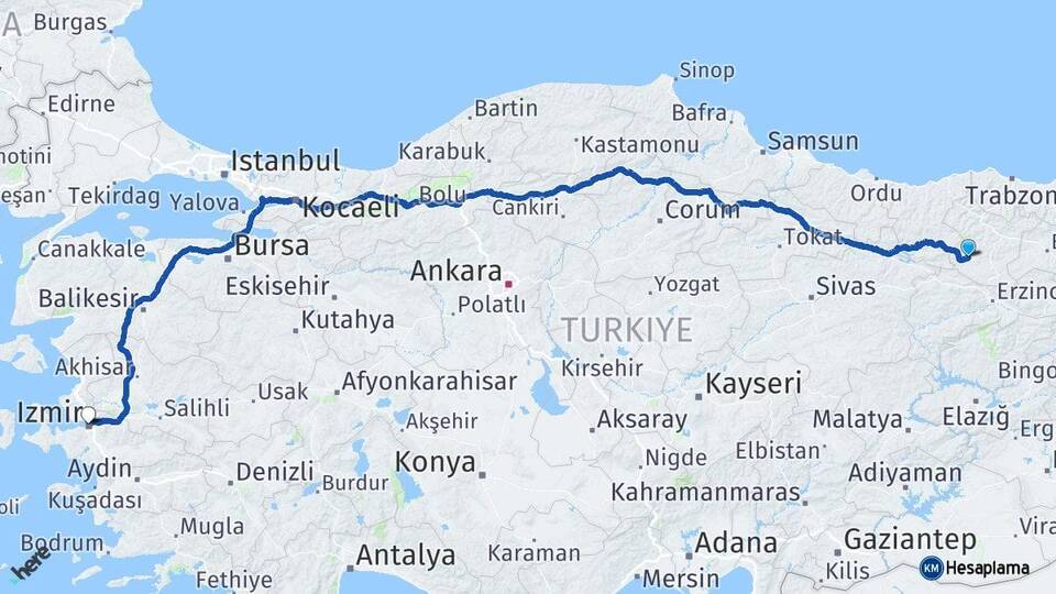 Gümüşhane Şiran İzmir Arası Kaç Km - Yol Haritası