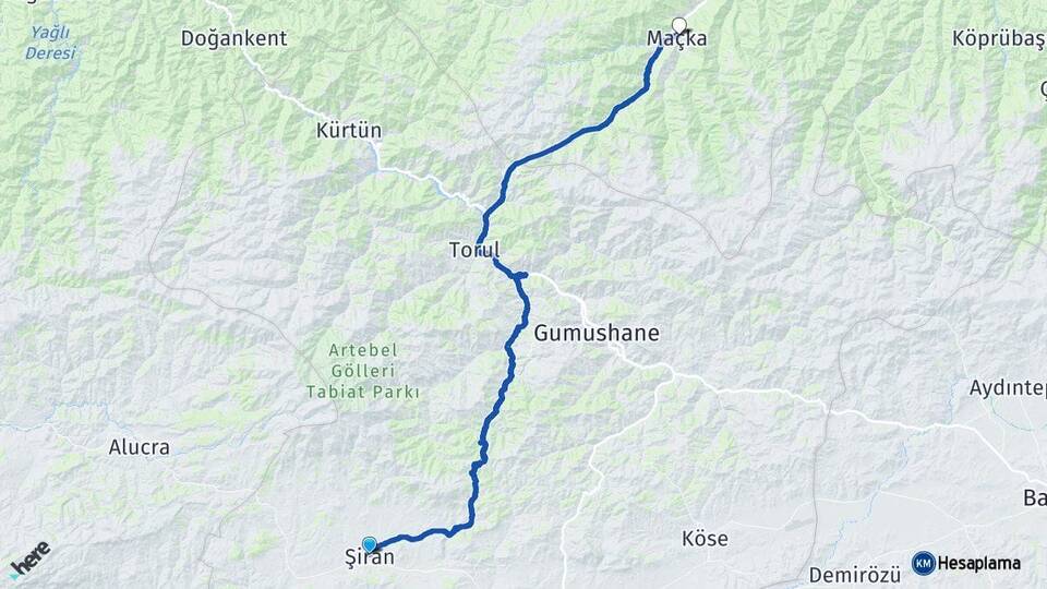 Gümüşhane Şiran Maçka Trabzon Arası Kaç Km - Yol Haritası