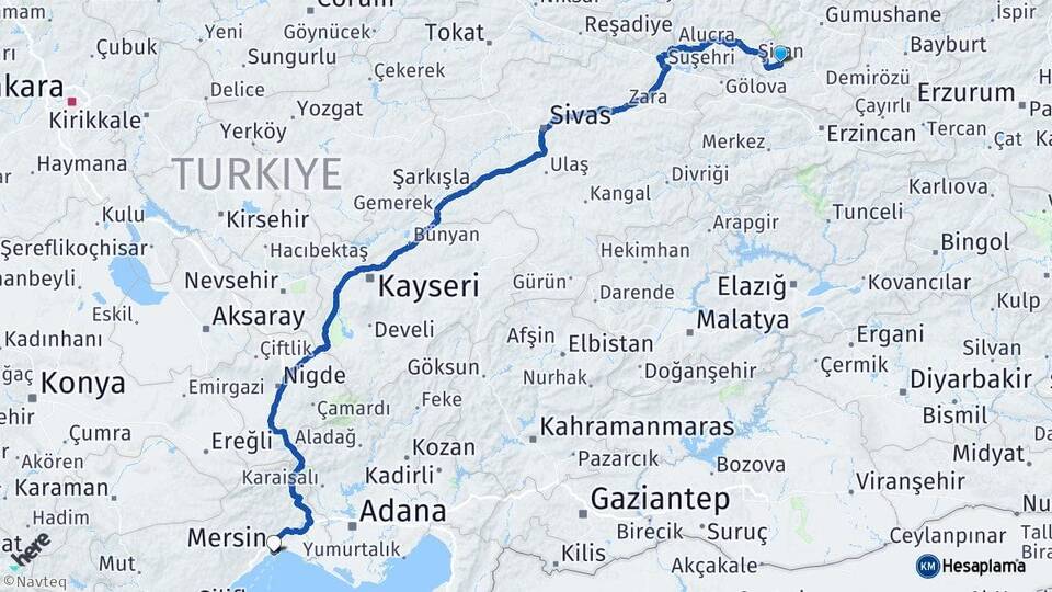 Gümüşhane Şiran Mersin Arası Kaç Km - Yol Haritası