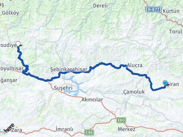 Gümüşhane Şiran Mesudiye Ordu Arası Kaç Km - Yol Haritası