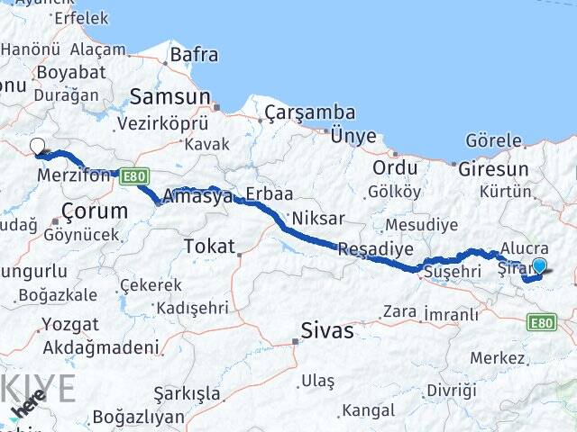 Gümüşhane Şiran Osmancık Çorum Arası Kaç Km - Yol Haritası