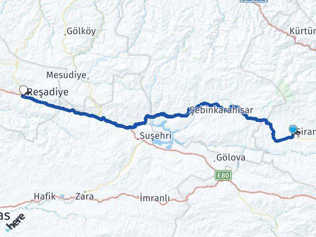 Gümüşhane Şiran Reşadiye Tokat Arası Kaç Km - Yol Haritası