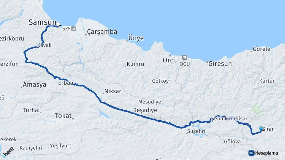 Gümüşhane Şiran Samsun Arası Kaç Km - Yol Haritası