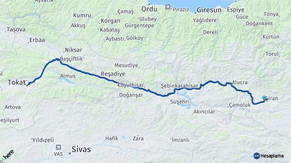 Gümüşhane Şiran Tokat Arası Kaç Km - Yol Haritası