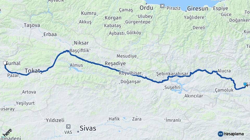 Gümüşhane Şiran Turhal Tokat Arası Kaç Km - Yol Haritası