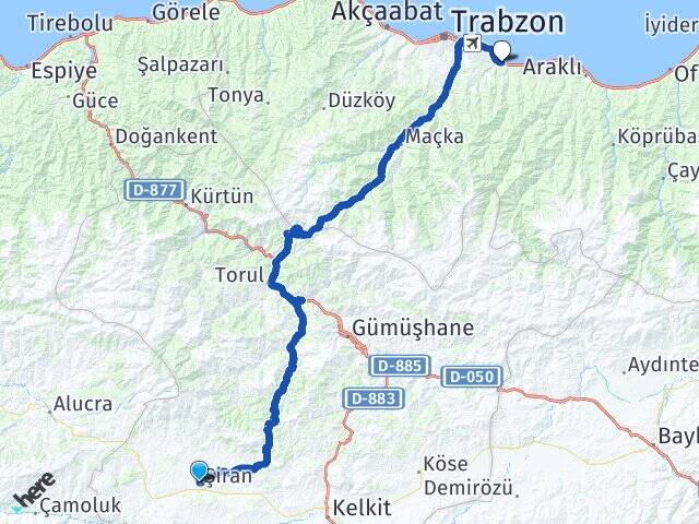 Gümüşhane Şiran Yomra Trabzon Arası Kaç Km - Yol Haritası