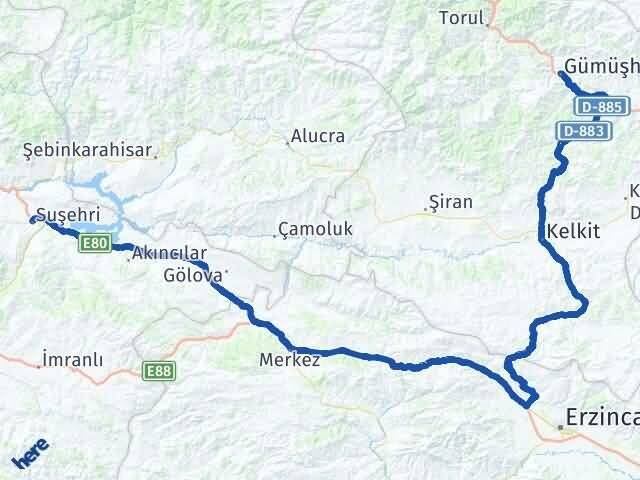 Gümüşhane Suşehri Sivas Arası Kaç Km - Yol Haritası