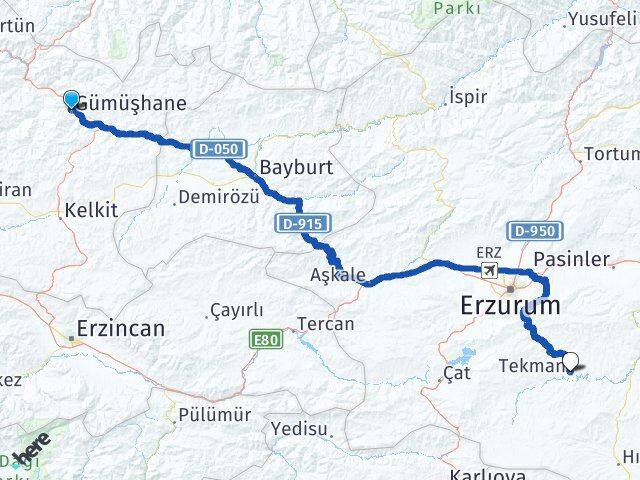 Gümüşhane Tekman Erzurum Arası Kaç Km - Yol Haritası