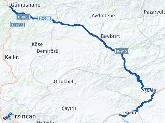 Gümüşhane Tercan Erzincan Arası Kaç Km - Yol Haritası