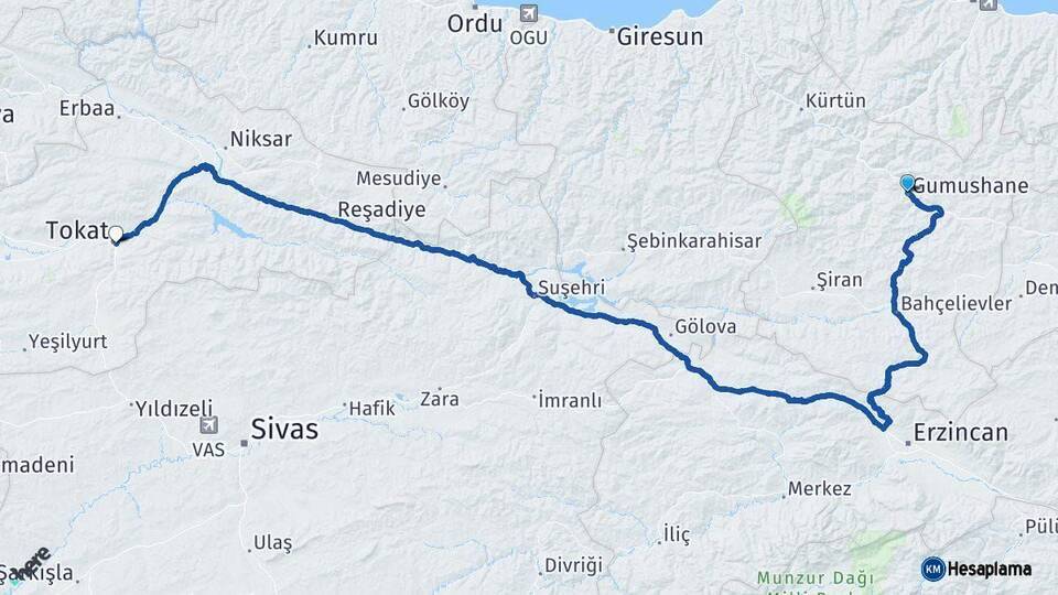 Gümüşhane Tokat Arası Kaç Km - Yol Haritası