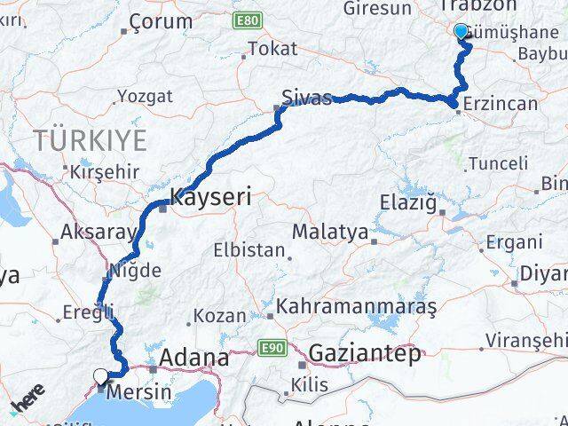 Gümüşhane Toroslar Mersin Arası Kaç Km - Yol Haritası