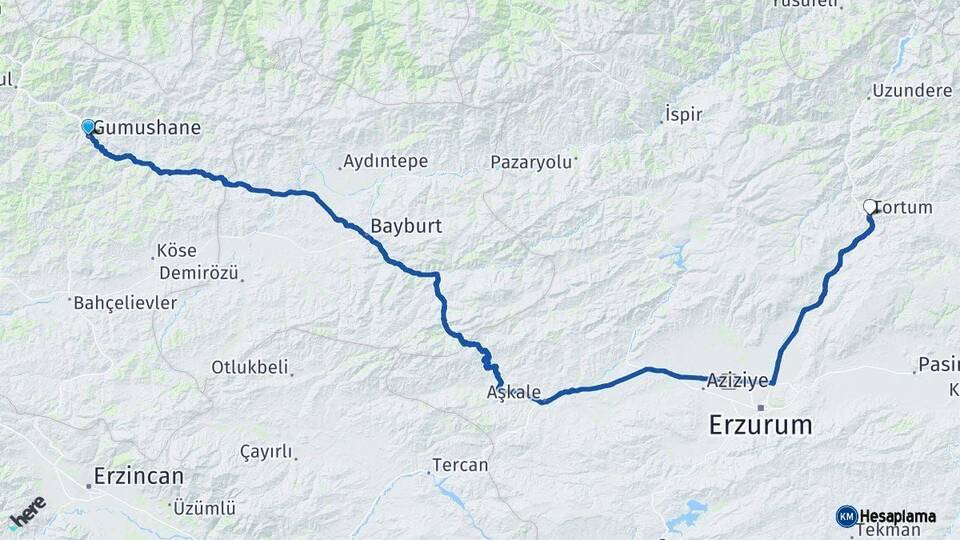 Gümüşhane Tortum Erzurum Arası Kaç Km - Yol Haritası