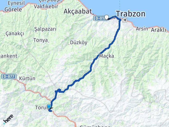 Gümüşhane Torul 1 Nolu Beşirli Ortahisar Trabzon Arası Kaç Km - Yol Haritası